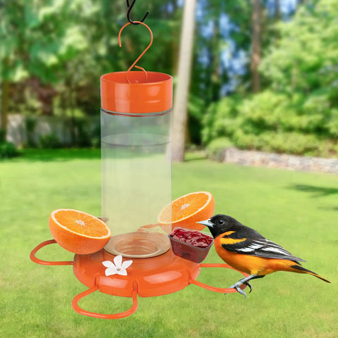 Hanging Glass Oriole Feeder For Yard Birds, 30 Ounce Nectar Feeder With Jelly Dishes And Orange Fruit Holders in garden setting