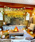 Before I Do Cabin Crew Bachelorette Party Sign Banner With Ring Balloon in cozy cabin setting with garland and balloons