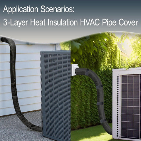 Weatherproof Outdoor Pipe Insulation Cover For 72in By 10.2in HVAC Line Set Protector, fitted on HVAC units outdoors.