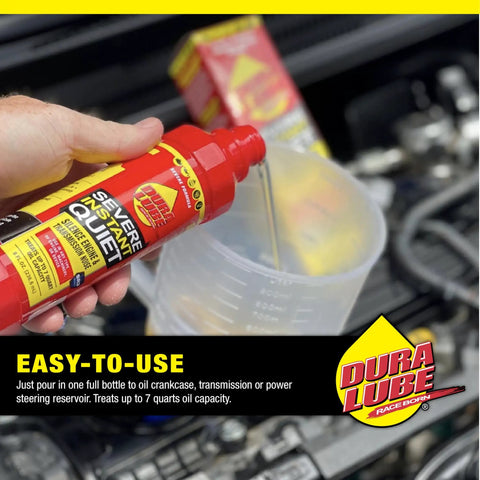 Severe Instant Quiet Lubricant For Engine Transmission And Power Steering Kills Knocks And Ticks Reduces Friction Prevents Wear Ideal For High Mileage Cars 8 Oz Bottle 6 Pack, red bottle pouring into measuring cup