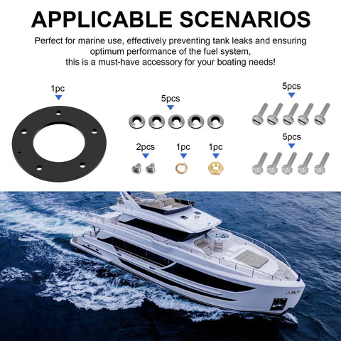 5 Hole Fuel Tank Gasket Kit for Marine Electric and Mechanical Senders, Fits 03572810 Style with screws displayed over yacht image