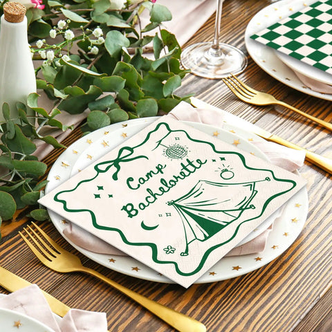 50 Pcs Camp Bachelorette Party Cocktail Napkins 3 Ply Disposable Paper Napkins Beige And Green Plaid Checkered Design