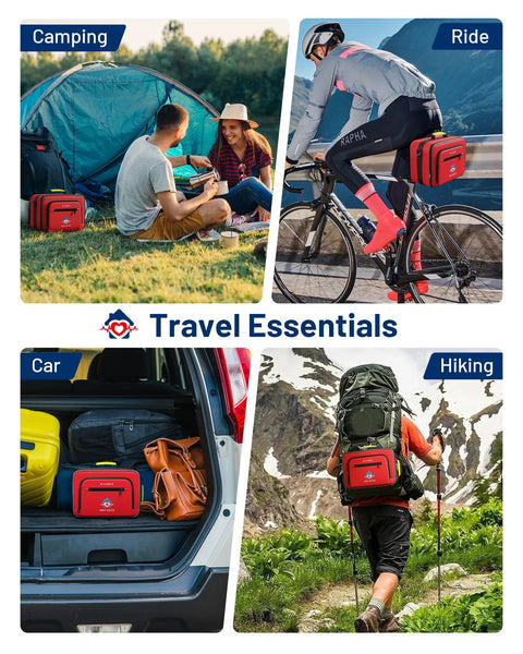 First aid kit for travel; red Amazon-branded waterproof case shown in car trunk, camping, cycling, and hiking scenes