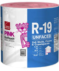 Premium Pink Fiberglass Insulation Batts For Interior Walls And Attic Cavities Heavy Duty Unfaced Design R-19 roll, 2x6 size, excellent heat retention