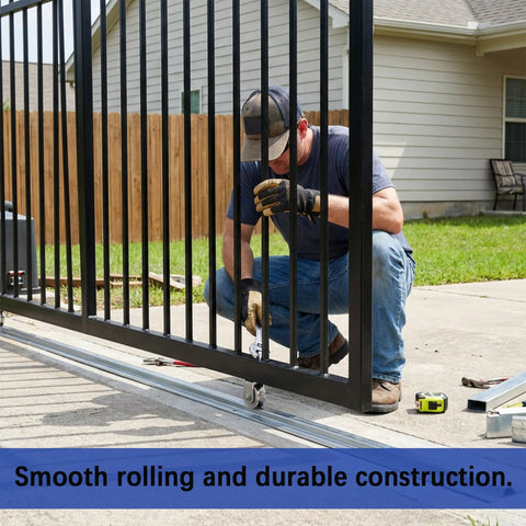 12 Ft Heavy Duty Inverted V Track For 1 Inch OD V Groove Rollers with galvanized steel, installed on driveway gate system.