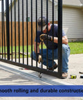 Worker installing Eight Foot Heavy Duty Inverted V Track For 1 Inch OD V Groove Rollers Sliding Gate System Kit outdoors.
