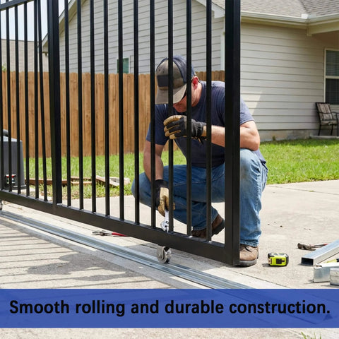 Worker installing 24 Ft Heavy Duty Inverted V Track For 1 In V Groove Rollers Sliding Gate Systems Includes Hammer Drive Anchors All Weather Galvanized Steel Built Tough For Weatherproof Driveway Gates Car Entry Doors And Rolling Gates outdoors