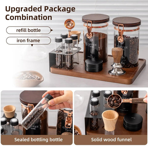Keep Your Beans Locked Away In This Coffee Canister Set With Two Sealed Glass Jars With One Way Degassing Valves And Dark Blocking Lids Includes Four Dosing Tubes Measuring Spoon Funnel And Sturdy Rack For Your Daily Grind Routine, featuring airtight jars, dosing tubes, and wooden funnel.