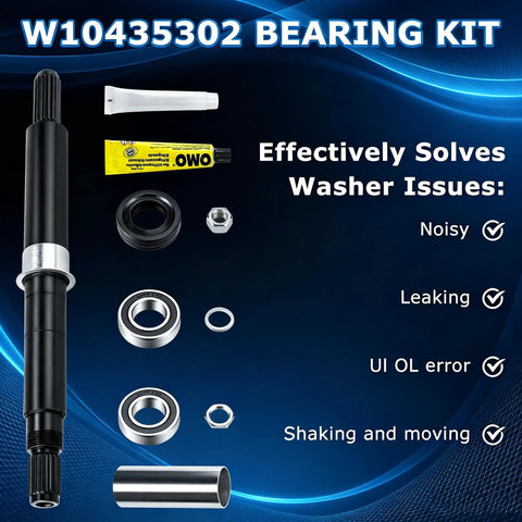W10435302 Tub Seal And Bearing Kit With Drive Shaft Replacement, includes sealed bearings and parts for washer repair.