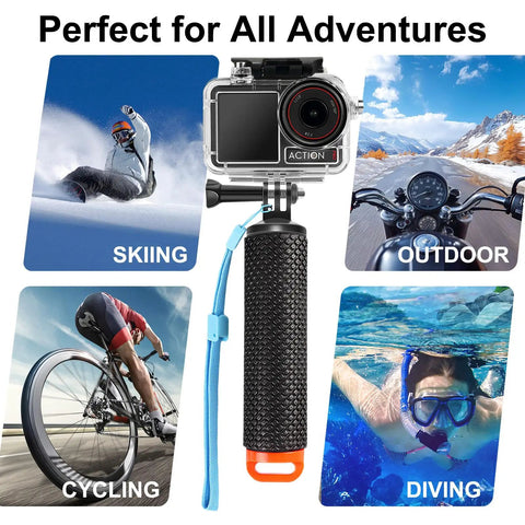 Waterproof Case With Floating Grip For DJI Action 5 Pro Action 4 And Action 3 Cameras, 50M 164FT Deep Dive Housing For Snorkeling And Swimming, Anti Fog Inserts Included, shown in various adventure settings including skiing and diving.