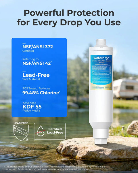 RV Inline Water Filter NSF Certified Reduces Chlorine Bad Taste And Odor With KDF And GAC Filtration shown near a lake.