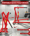 No Sweat 4400 Pound Engine Hoist Cherry Picker With Adjustable Telescopic Boom, red steel, portable quick-fold design for garage tasks.