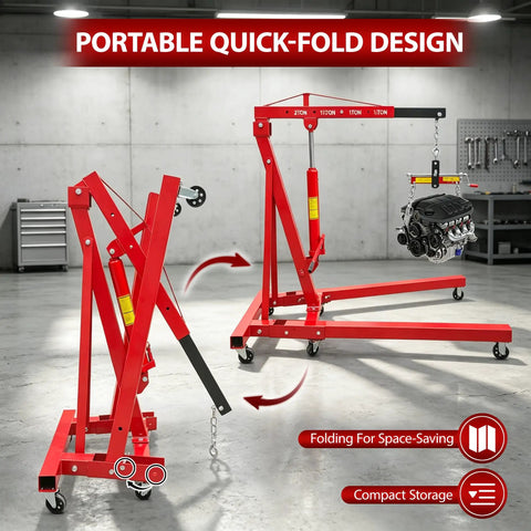 No Sweat 4400 Pound Engine Hoist Cherry Picker With Adjustable Telescopic Boom, red steel, portable quick-fold design for garage tasks.