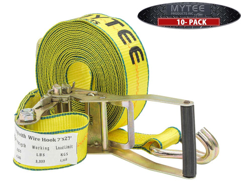 Heavy Duty 2 Inch By 27 Foot Ratchet Tie Down Straps With Wire Hooks 10 Pack 10,000 Lbs Breaking Strength in yellow close-up