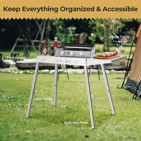 304 Stainless Steel BBQ Grill Table For 20 Inch Tabletop Griddles Adjustable Folding Outdoor Prep Station with accessories