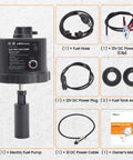 12V DC Gasoline Fuel Pump With Auto Sensor For Generators, kit contents including cables, adaptors, and owner's manual