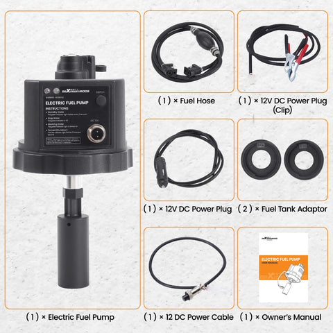 12V DC Gasoline Fuel Pump With Auto Sensor For Generators, kit contents including cables, adaptors, and owner's manual