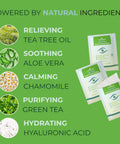 Tea Tree Oil Eyelid And Lash Wipes With Hyaluronic Acid For Blepharitis ingredients list on green background