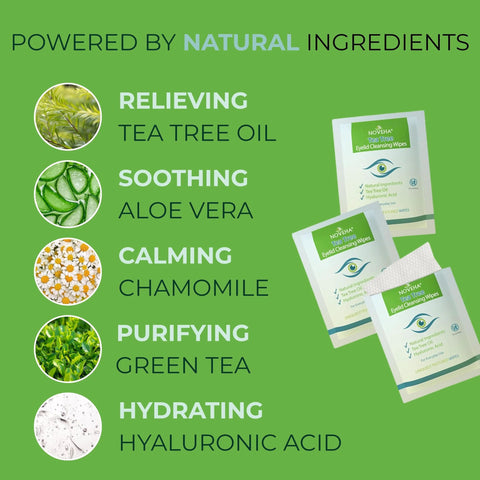 Tea Tree Oil Eyelid And Lash Wipes With Hyaluronic Acid For Blepharitis ingredients list on green background