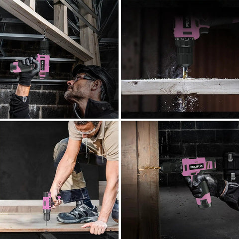 12V Pink Cordless Drill Kit With Battery And Charger, 3/8 Inch Keyless Chuck in use for home DIY projects and quick fixes