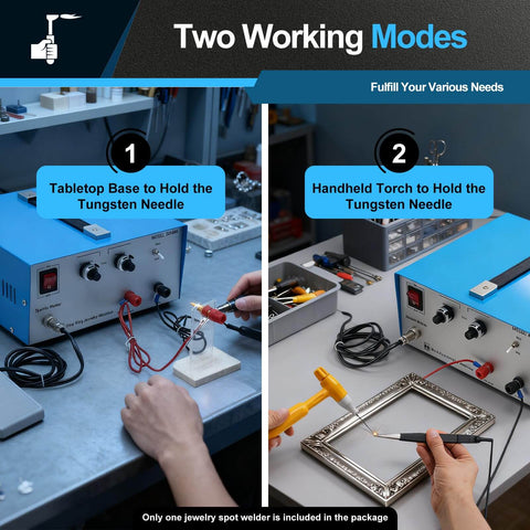 Pro Grade 110V Portable Spot Welder Kit with pedal switch shown with tabletop and handheld welding options for jewelry.
