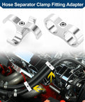 Solid Universal Hose Separator Clamp And AN12 Dual Line Fitting Adapter Built From Tough Aluminum Alloy Dope Tubing Hardware For Custom Car Rigs And Street Builds Complete 4 Piece Silver Set, two aluminum clamp fittings.
