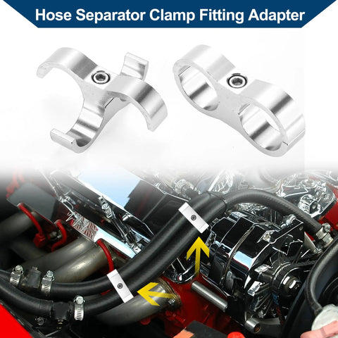 Solid Universal Hose Separator Clamp And AN12 Dual Line Fitting Adapter Built From Tough Aluminum Alloy Dope Tubing Hardware For Custom Car Rigs And Street Builds Complete 4 Piece Silver Set, two aluminum clamp fittings.