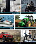 Collage of a water dispenser, motorcycle, boat, tractor, car, and treadmill, showcasing various modes of transport and appliances