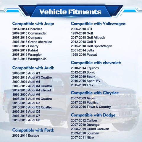 Vehicle fitments list for Windshield Washer Pump With Grommet Replacement For Jeep Wrangler Cherokee Grand Cherokee Compass Dodge Chrysler