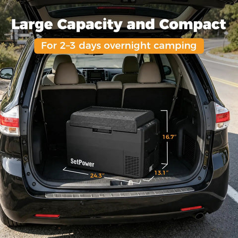 Kickass 34 Quart 12V Refrigerator Stays Bone Cold 24H Portable Car Fridge Total Game Changer for inside a compact SUV.