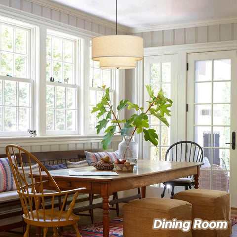 Killer 18 Inch Double Drum Pendant Light Featuring Dual Beige Linen Shades For Major Home Glow Up And Pro Level Ceiling Vibe In Your Dining Room Or Living Space above wooden dining table