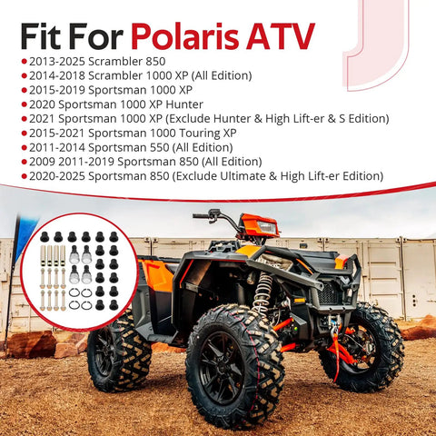 4 Piece Front A Arm Bushing With Ball Joint Kit For Polaris Sportsman 550 850 850 XP 1000 XP 2009 2025 OEM Part Number 5137346 ATV Suspension Upgrade Beefed Up Durable Heavy Duty Replacement Kit fit chart and ATV parts set