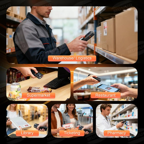 Multi Mode Wireless Barcode Scanner With Bluetooth 1D 2D QR Code Reader 3 In 1 USB 2.4G And LCD Screen shown in various use cases