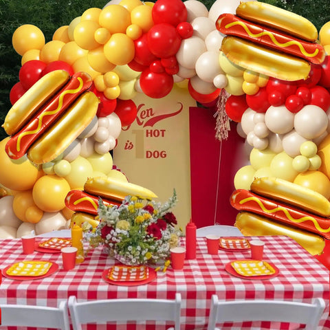 Barbecue Balloon Garland Arch Kit With 176 Pcs Red Yellow White Balloons And Hot Dog Foil Balloons For Picnic Baby Shower Party Decor