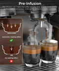 Pre-infusion process showcasing freshly ground coffee being brewed into two espresso cups with steam, featuring Freshly Ground Coffee Built-In Grinder, Fifteen Bar Badass Pump, Hella Easy Milk Frothing Steam Wand, Huge Removable Water Tank, Straight Up Coffee Shop Goodness For Creamy Lattes And Rich Cappuccinos.