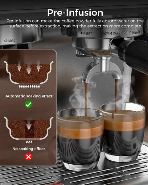 Pre-infusion process showcasing freshly ground coffee being brewed into two espresso cups with steam, featuring Freshly Ground Coffee Built-In Grinder, Fifteen Bar Badass Pump, Hella Easy Milk Frothing Steam Wand, Huge Removable Water Tank, Straight Up Coffee Shop Goodness For Creamy Lattes And Rich Cappuccinos.
