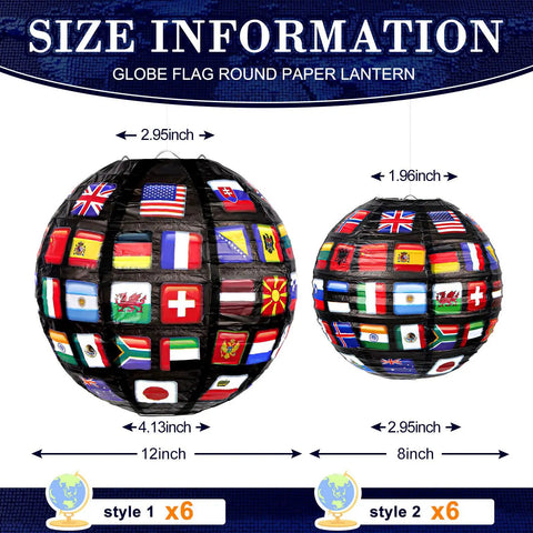 Flags Of All Nations Paper Hanging Lanterns Set Of 12 For Party Decor with 12in and 8in globe flag design lanterns size chart