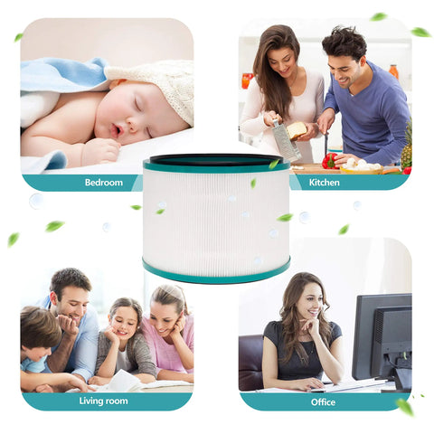 Replacement Filters For Pure Cool Link DP01 DP03 And Pure Hot And Cool Link HP01 HP02 HP03 Compatible With First Gen Purifiers High Efficiency Filtration Easy Install Long Lasting Air Purification Breathe Easy At Home filter with family in kitchen, bedroom, living room, and office.