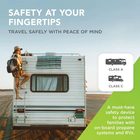 Propane Tank Gauge With Emergency Shut Off seen on Class A RV backdrop, color coded pressure meter hinted, for road trips.