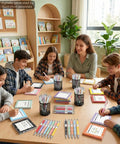 Back To School Must Have 16 Piece Composition Notebook Set With Sticky Notes And Ballpoint Pens in classroom setting with students.