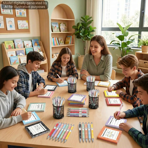 Back To School Must Have 16 Piece Composition Notebook Set With Sticky Notes And Ballpoint Pens in classroom setting with students.