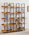 Five Tier Industrial Bookcase With Black Metal Frame And Brown MDF Shelves in living room with decor items