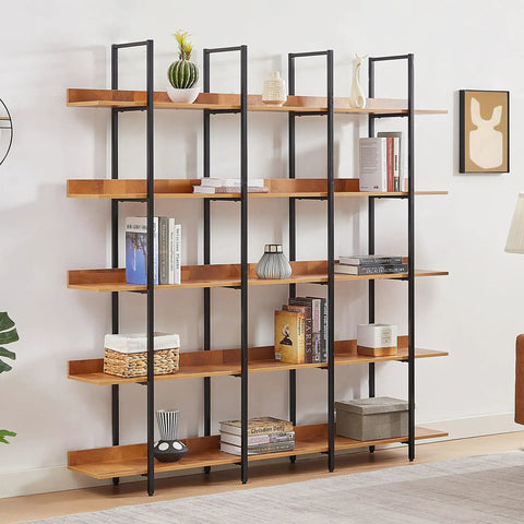 Five Tier Industrial Bookcase With Black Metal Frame And Brown MDF Shelves in living room with decor items