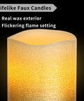 Close-up of LED Flameless Candles Three Pack With Remote Control And Timer Gold Beaded Glitter Finish, lifelike wax look, flickering.