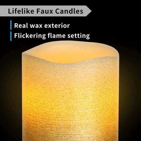 Close-up of LED Flameless Candles Three Pack With Remote Control And Timer Gold Beaded Glitter Finish, lifelike wax look, flickering.
