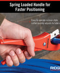 PC 1250 Single Stroke Plastic Pipe Cutter For PVC CPVC PEX PP PE Tubing with spring loaded handles in use on blue pipe