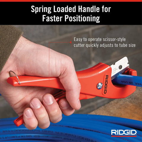 PC 1250 Single Stroke Plastic Pipe Cutter For PVC CPVC PEX PP PE Tubing with spring loaded handles in use on blue pipe