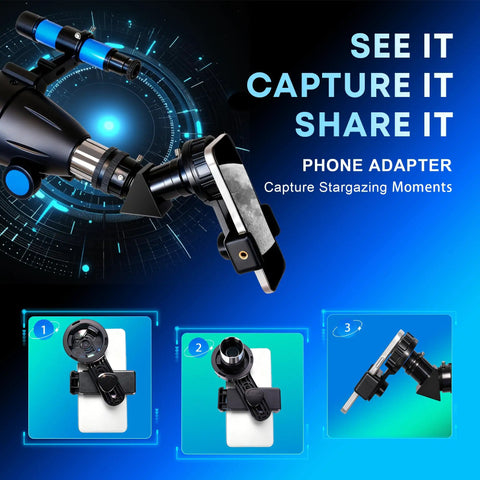 Phone adapter for 80mm Aperture 600mm Refractor Telescope For Beginners With AZ Tripod, easy setup demonstration steps.