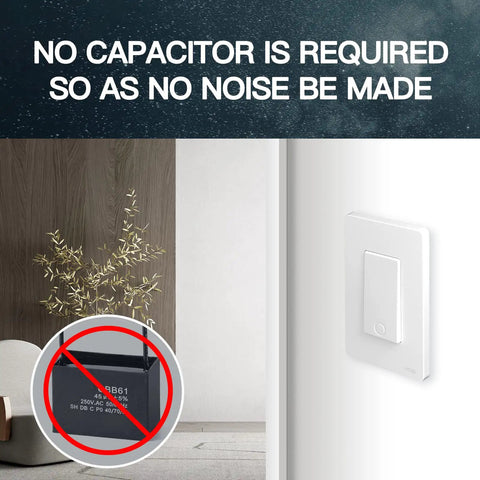 No Neutral Required Smart Switch No Hub Needed 2 4GHz Wi Fi Single Live Wire Capacitor Free Tuya Smart Life App Control Works With Alexa 5W Min Load White Ultra Safe next to a plant and No Capacitor Needed text.