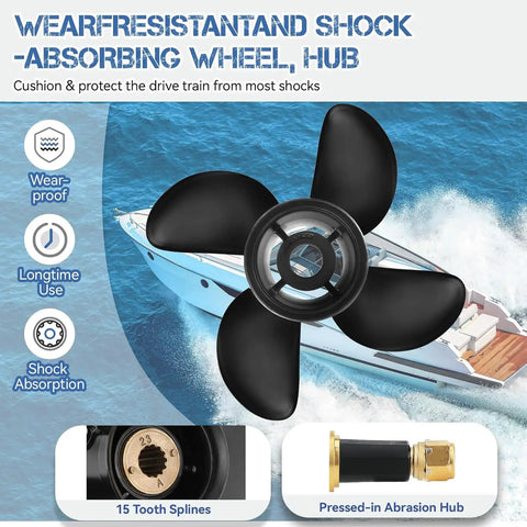 4-blade aluminum boat propeller in black for Mercury outboard, 15 spline hub, Mercruiser Alpha One, shown on water.